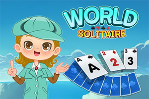 Tegnet figur i grønt antrekk ved siden av spillekort på blå bakgrunn med teksten World Solitaire