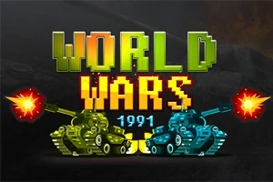 To tanks, en grønn og en blå, skyter mot hverandre under teksten World Wars 1991 i pixelkunststil