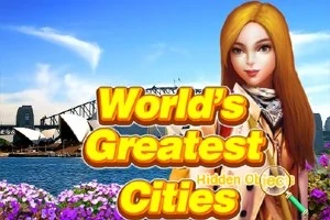 En illustrasjon med en tegnet kvinne foran en bakgrunn av Sydney Opera House, med teksten Worlds Greatest Cities i gule bokstaver