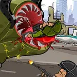 En gigantisk monsterkropp med et stort, tannfylt gap sluker en soldat mens en annen soldat skyter mot det i en ødelagt urban bakgrunn