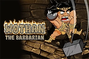 En tegneserieaktig barbar svinger en stor hammer foran en steinbakgrunn, med teksten Wothan the Barbarian ved siden av