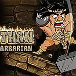 En tegneserieaktig barbar svinger en stor hammer foran en steinbakgrunn, med teksten Wothan the Barbarian ved siden av