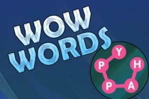 Teksten WOW WORDS i store, lyseblå bokstaver over et blått bakgrunnsmønster, med en sirkel til høyre som viser bokstavene P, Y, H, og A forbundet med linjer