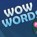 Teksten WOW WORDS i store, lyseblå bokstaver over et blått bakgrunnsmønster, med en sirkel til høyre som viser bokstavene P, Y, H, og A forbundet med linjer