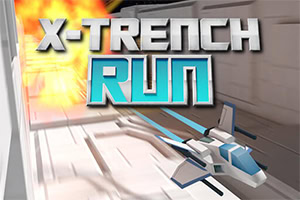 Et futuristisk romskip flyr gjennom en trang korridor med eksplosjoner i bakgrunnen og teksten X-Trench Run i forgrunnen