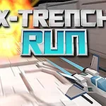 Et futuristisk romskip flyr gjennom en trang korridor med eksplosjoner i bakgrunnen og teksten X-Trench Run i forgrunnen