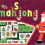 En fargerik illustrasjon med julemotiver på brikker og en nissefigur, med teksten Xmahjong i bakgrunnen