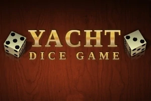 To terninger ved siden av teksten Yacht Dice Game på en trefarget bakgrunn