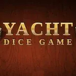 To terninger ved siden av teksten Yacht Dice Game på en trefarget bakgrunn