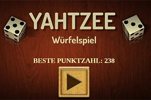 To terninger, teksten Würfelspiel og Beste Punktzahl: 238 på en brun bakgrunn med en stor spill-knapp
