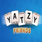 Teksten Yatzy Friends laget av terninger med ansikt, over en bakgrunn av et spillkort med terningikoner