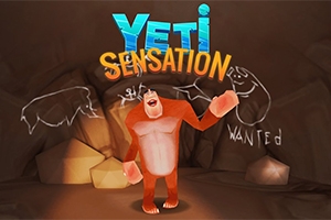 En animert yeti står i en hule med steinvegger, omgitt av veggmalerier og teksten Yeti Sensation