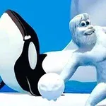 En snømann i ferd med å kaste en snøball ved siden av en smilende spekkhogger mot en bakgrunn av blå himmel og isfjell