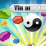 Fargerike, polygonale krystaller og et yin-yang-symbol mot en strålende regnbuebakgrunn