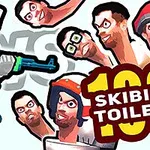 Illustrasjon med en karakter som holder et våpen mot flere flyvende hoder med forskjellige uttrykk og overskriften 100 Skibidi Toilets