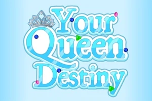 Teksten Your Queen Destiny med en krone på bokstaven Q og fargerike juveler i bakgrunnen