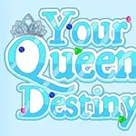 Teksten Your Queen Destiny med en krone på bokstaven Q og fargerike juveler i bakgrunnen
