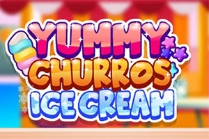 Fargerik tekst som sier Yummy Churros Ice Cream med bakgrunn av lyse farger og is-dekorasjoner