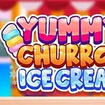 Fargerik tekst som sier Yummy Churros Ice Cream med bakgrunn av lyse farger og is-dekorasjoner