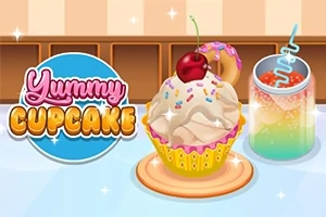 En illustrasjon av en cupcake med glasur, dryss, kirsebær og donut, ved siden av en fargerik drink med sugerør
