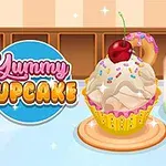 En illustrasjon av en cupcake med glasur, dryss, kirsebær og donut, ved siden av en fargerik drink med sugerør