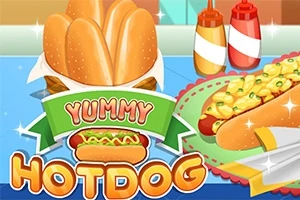 En illustrasjon med en stor brødkurv, to pølser med garnityr, og flasker med ketchup og sennep, med teksten Yummy Hotdog
