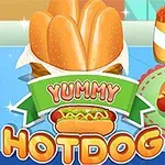 En illustrasjon med en stor brødkurv, to pølser med garnityr, og flasker med ketchup og sennep, med teksten Yummy Hotdog