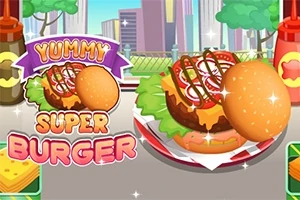 En stor burger med ost, tomat, løk og salat, med en skinnende bolle ved siden av, omgitt av ketchup- og sennepsflasker, mot en bakgrunn av byens silhuett