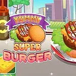 En stor burger med ost, tomat, løk og salat, med en skinnende bolle ved siden av, omgitt av ketchup- og sennepsflasker, mot en bakgrunn av byens silhuett