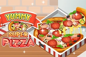 Pizza med pepperoni, oliven, løk, tomater og basilikum i en pizzaeske ved siden av teksten Yummy Super Pizza
