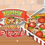 Pizza med pepperoni, oliven, løk, tomater og basilikum i en pizzaeske ved siden av teksten Yummy Super Pizza