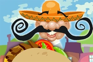 En tegneseriefigur med stor svart bart og sombrero smiler bak en taco med grønnsaker