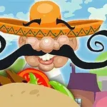 En tegneseriefigur med stor svart bart og sombrero smiler bak en taco med grønnsaker