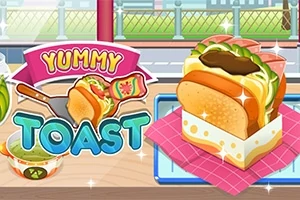 En illustrasjon av en dekorativ toast laget med brød, salat, saus, og grønnsaker ved siden av teksten Yummy Toast og en bolle med suppe i forgrunnen