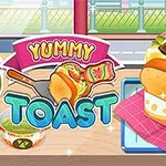 En illustrasjon av en dekorativ toast laget med brød, salat, saus, og grønnsaker ved siden av teksten Yummy Toast og en bolle med suppe i forgrunnen