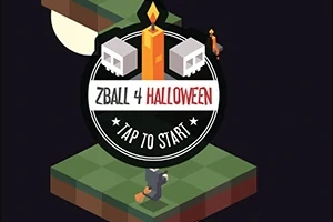 En svevende øy med en heks på kosteskaft ved siden av månen, samt teksten ZBall 4 Halloween Tap to Start i midten