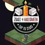 En svevende øy med en heks på kosteskaft ved siden av månen, samt teksten ZBall 4 Halloween Tap to Start i midten