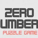 Teksten Zero Numbers Puzzle Game i tykke, grå og røde bokstaver på en lys bakgrunn