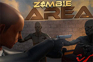 En person med en pistol truer flere zombier foran en mursteinsvegg, med teksten Zombie Area øverst i bildet