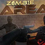 En person med en pistol truer flere zombier foran en mursteinsvegg, med teksten Zombie Area øverst i bildet