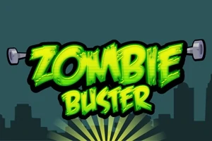 Grønn glødende tekst Zombie Buster mot en silhuett av en by med en mørk bakgrunn