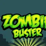 Grønn glødende tekst Zombie Buster mot en silhuett av en by med en mørk bakgrunn
