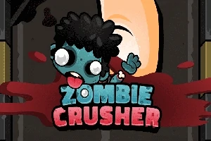 Tegneseriefigur av en grønn zombie med store øyne og svart hår, omgitt av rødt med teksten Zombie Crusher i blått og rødt nederst