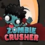 Tegneseriefigur av en grønn zombie med store øyne og svart hår, omgitt av rødt med teksten Zombie Crusher i blått og rødt nederst