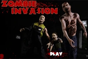 Tre zombier med skumle uttrykk kommer mot kameraet i et mørkt, skummelt miljø med teksten Zombie Invasion øverst