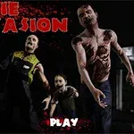 Tre zombier med skumle uttrykk kommer mot kameraet i et mørkt, skummelt miljø med teksten Zombie Invasion øverst