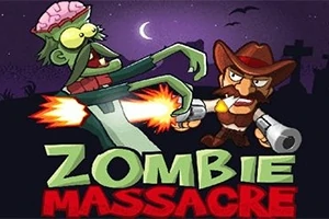 En grønn zombie med synlig hjerne angripes av en cowboy med to pistoler under en nattehimmel med halvmåne, og teksten Zombie Massacre vises nederst