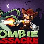 En grønn zombie med synlig hjerne angripes av en cowboy med to pistoler under en nattehimmel med halvmåne, og teksten Zombie Massacre vises nederst