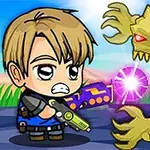 Tegnet figur med lyshåret frisyre og grønn laserpistol møter et stort, gult monster med røde øyne i et fargerikt landskap