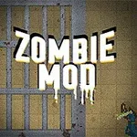 Teksten Zombie Mod er plassert over en gulvflate med en metallgitter på venstre side og en figur til høyre
